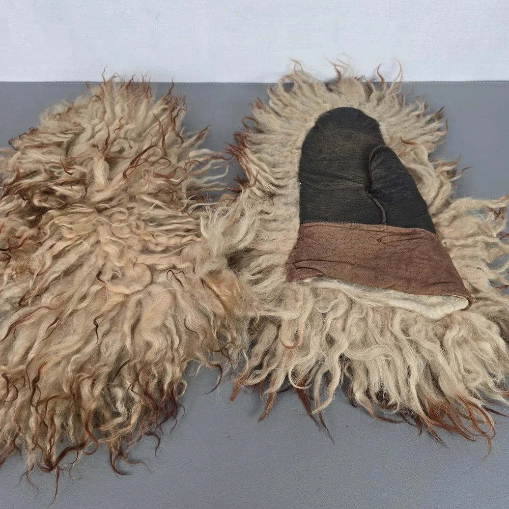 Vintage Shaggy Long Hair Sheepskin Leather Winter/Trapper Mittens Brown Tan Fur